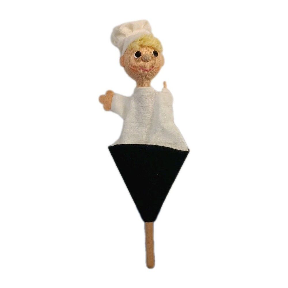 Pop Up Puppet Chef Vintage Wood Handle Chef Hat Blonde Hair Handmade